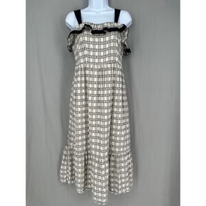 Loft Dress Womens 2 Cream Plaid Midi Black Ruffle Tiered Beige Cottagecore Boho